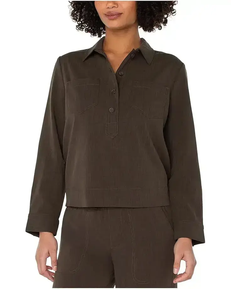 Women's Liverpool Los Angeles Popover Long Sleeve Shirt With Elastic At Waist