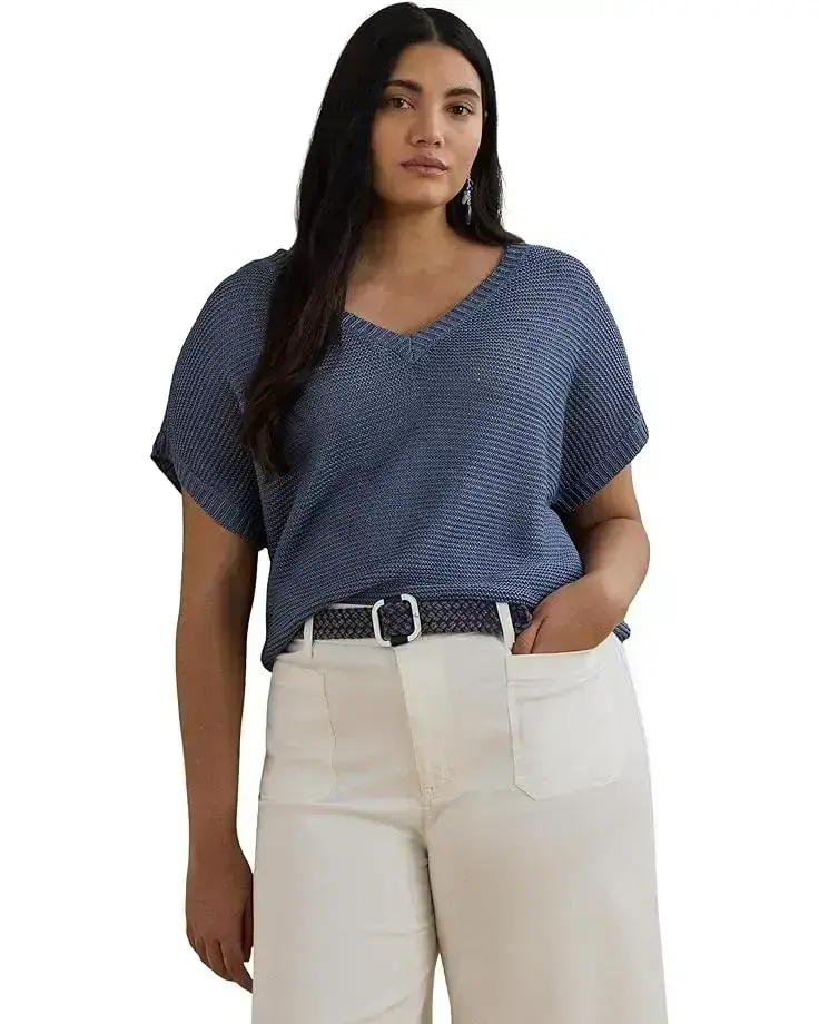 Women's Lauren Ralph Lauren Plus Size Linen-Blend Short-Sleeve V-Neck Sweater