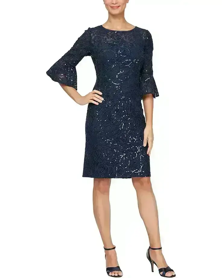 Women's Alex Evenings Short Corded Lace Sheath Dress with Illusion Neckline and Bell Sleeves