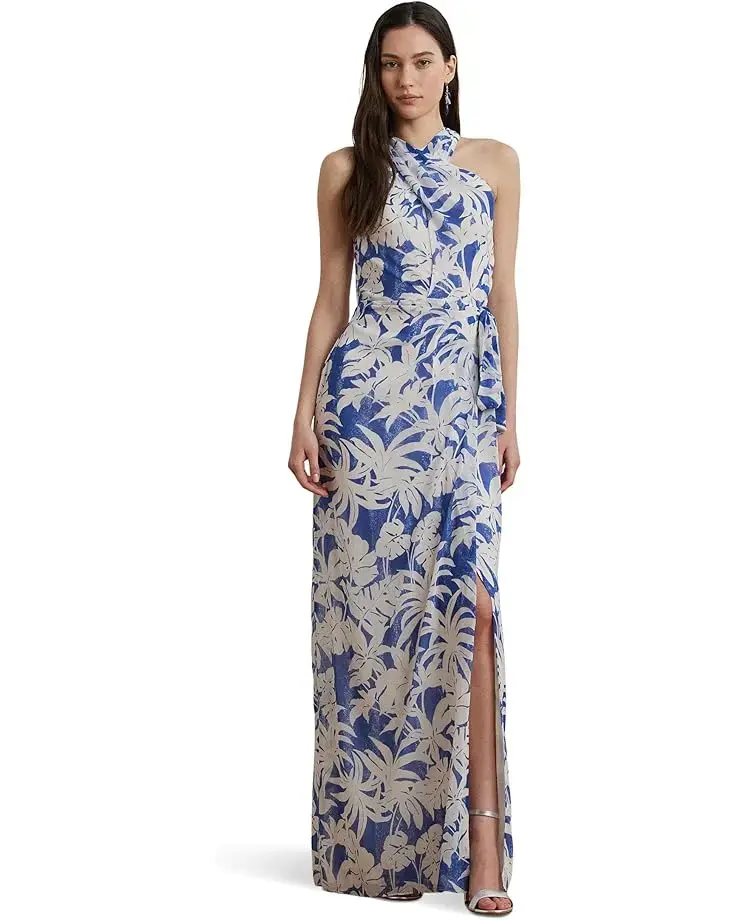 Women's Lauren Ralph Lauren Palm-Frond-Print Georgette Halter Gown