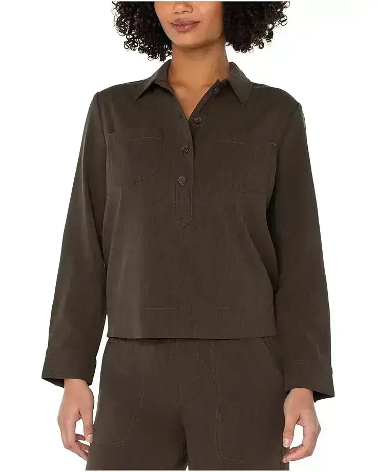 Women's Liverpool Los Angeles Popover Long Sleeve Shirt With Elastic At Waist