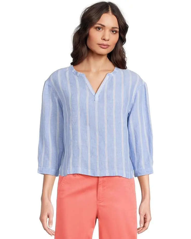 Premium Washable Linen Shirt Split-Neck Stripe