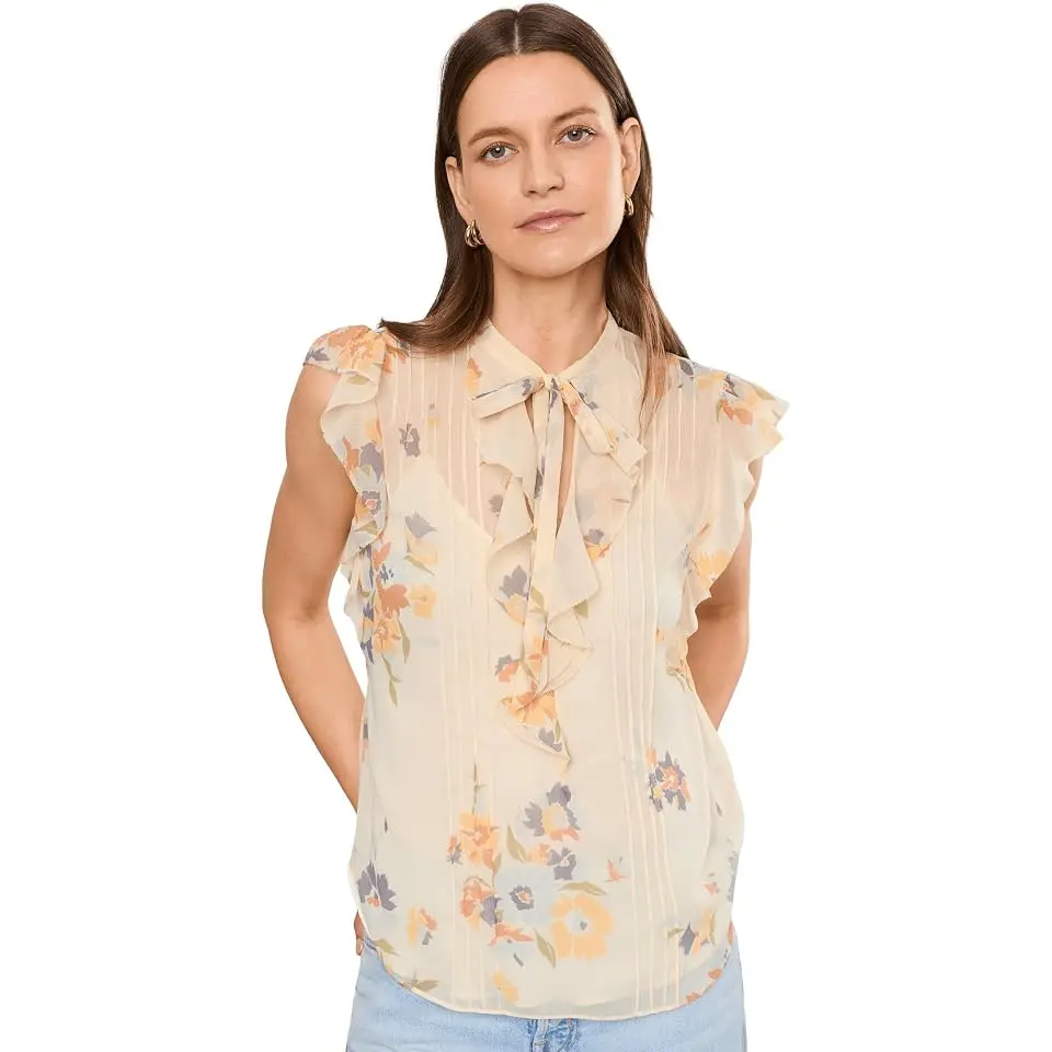 Floral Pintucked Tie Neck Blouse