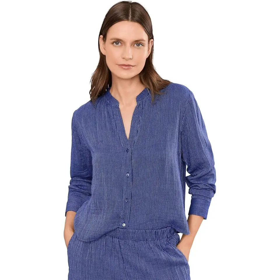 Striped Organic Cotton Gauze Mandarin Collar Shirt
