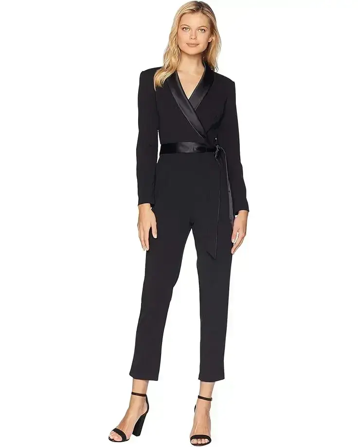 Women's Adrianna Papell Knit Crepe Wrap Top Jumpsuit with Long Sleeves, Slim Pants, and Stretch Charmeuse Collar