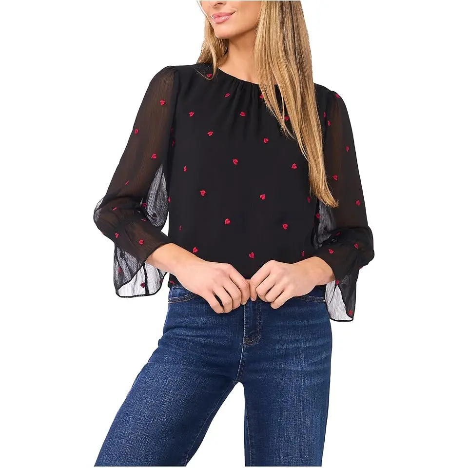 3/4 Sleeve Shirred Neck Embroidery Hearts Top