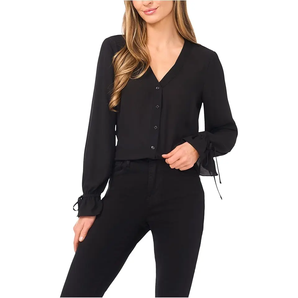 V-Neck Button Front Long Sleeve Top