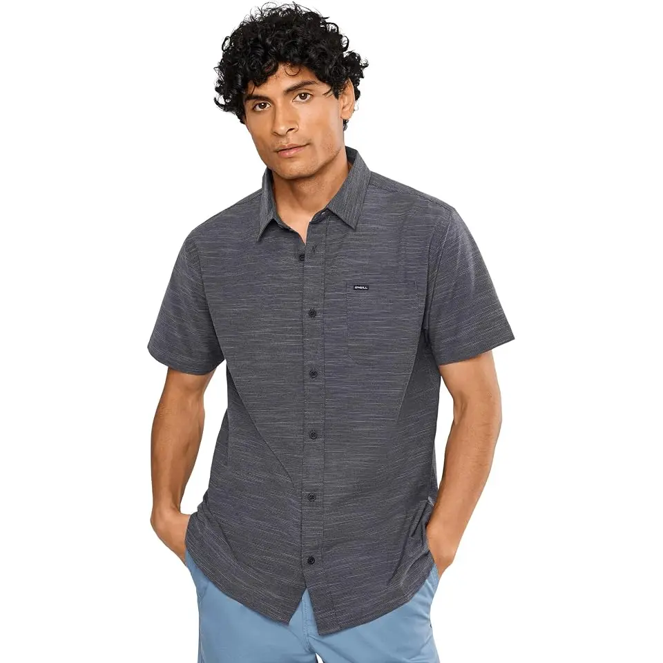 UPF Slub Solid Standard Short Sleeve Woven Shirt