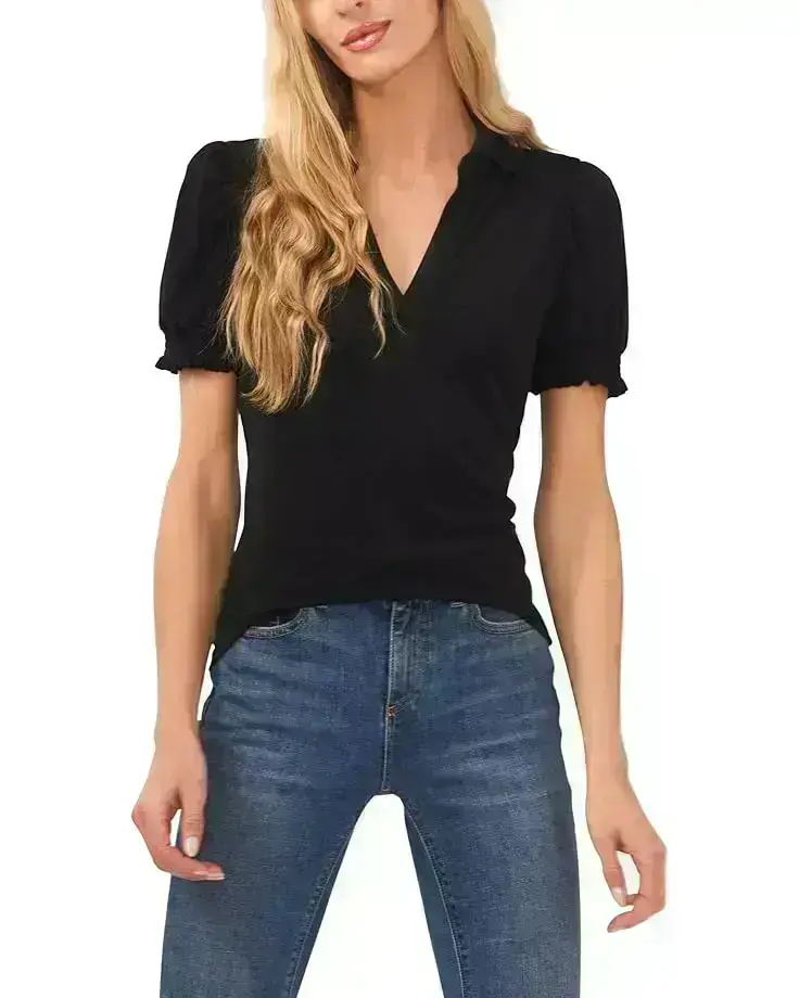 Women's CeCe Short Sleeve Split-Neck Collared Top