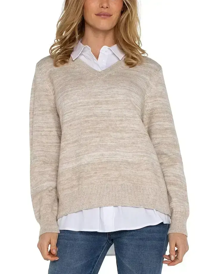 Women's Liverpool Los Angeles Long Sleeve Two-Fer Collared Sweater Mélange Sweater Yarn