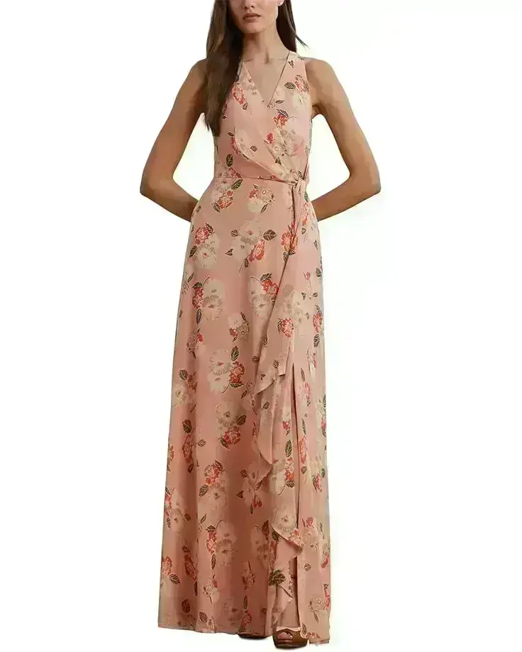 Floral Ruffle-Trim Georgette Gown