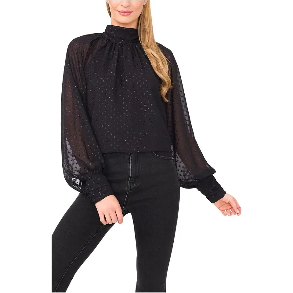 Long Sleeve Bow Neck Clip Dot Blouse