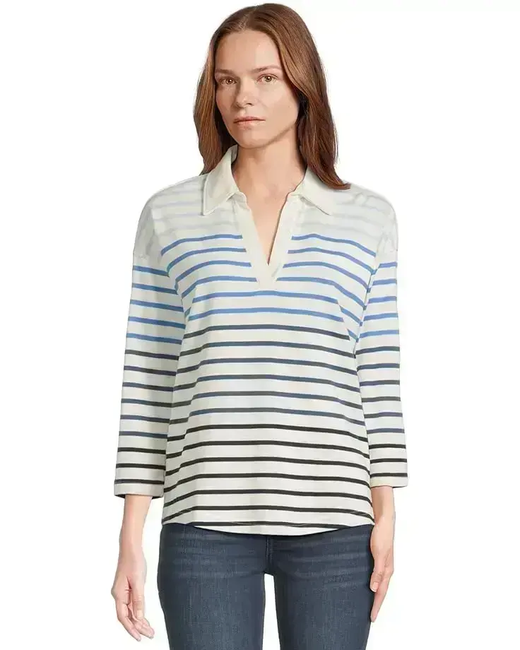Heritage Mariner Top Split-Neck Polo Three-Quarter-Sleeve Stripe