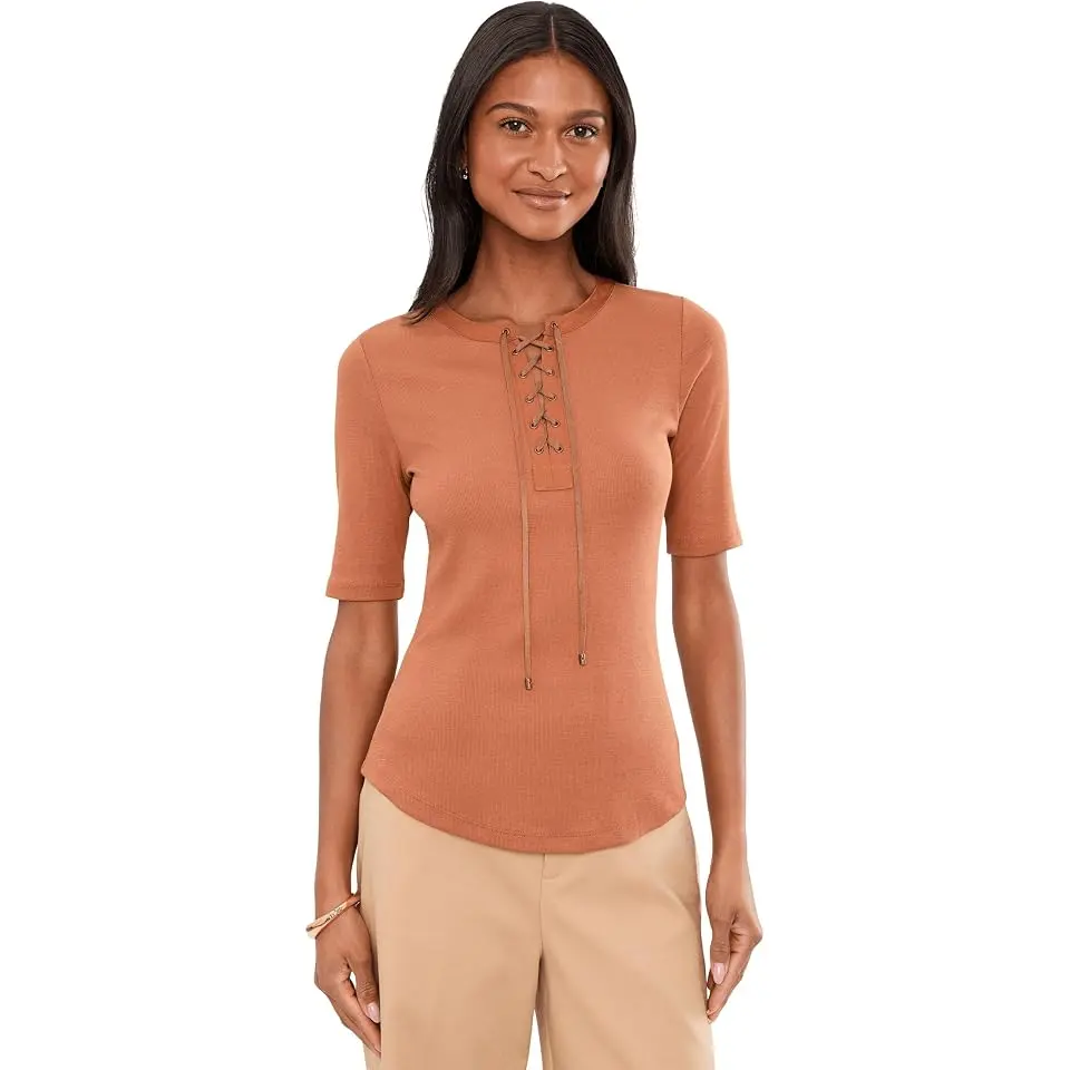 Lace-Up Ribbed Elbow-Sleeve Tee