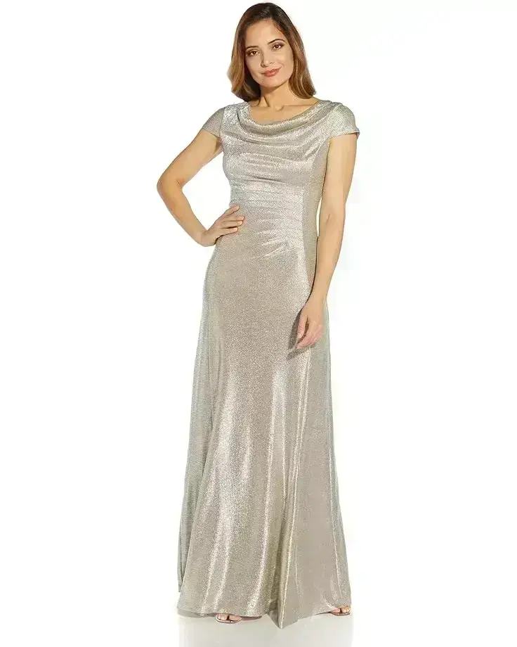 Women's Adrianna Papell Metallic Knit Drape Neck Gown