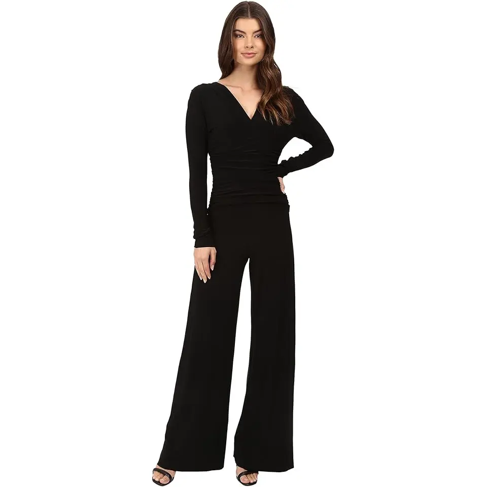 V-Neck Long Sleeve Shirred Waist Jumpsuit