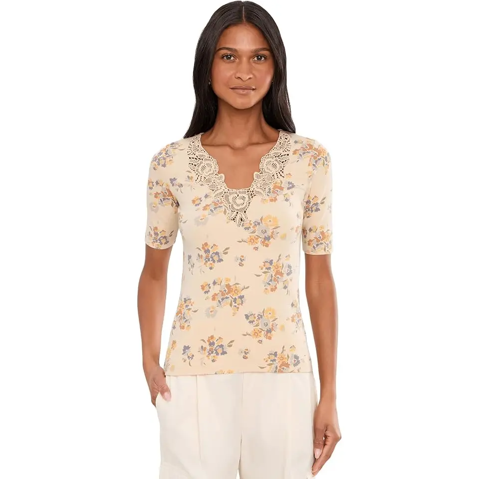 Floral Lace-Trim Rib-Knit Top