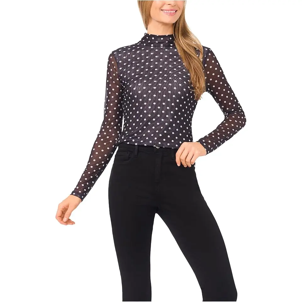 Long Sleeve Mesh Fitted Turtleneck Top