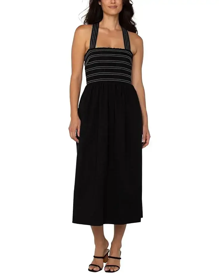 Women's Liverpool Los Angeles Sleeveless Smocked Woven Midi Dress With Trapunto Straps