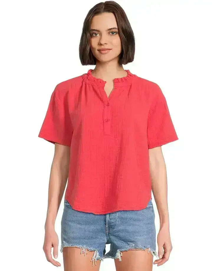 Women's Mod-o-doc Short Sleeve Ruffle Neck Henley Top
