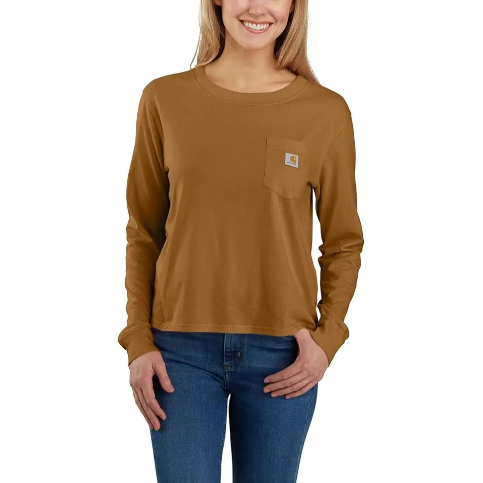 Loose Fit Lightweight Long Sleeve Crew Neck Pocket T-Shirt