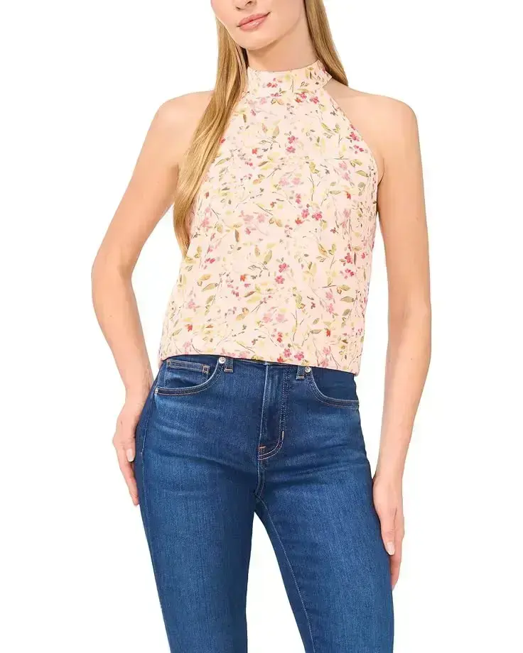 Women's CeCe Sleeveless Halter Folded Collar Top