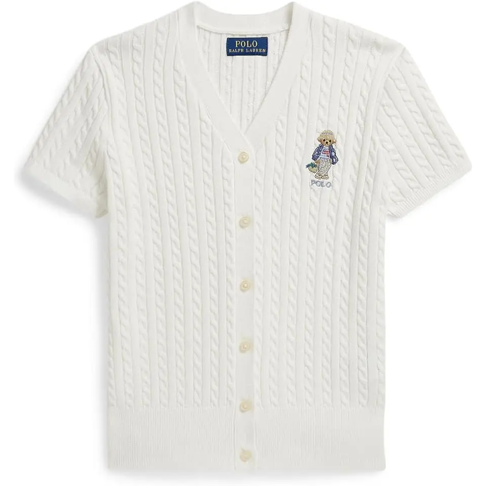 Polo Bear Cable Cotton V-Neck Cardigan (Big Kid)