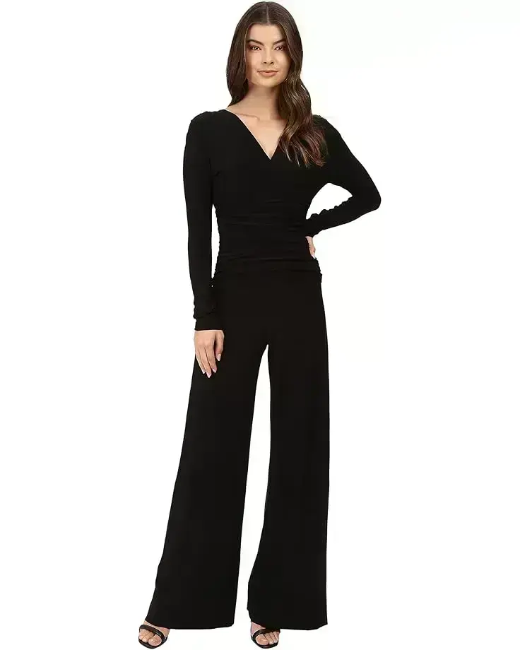 Women's Norma Kamali V-Neck Long Sleeve Shirred Waist Jumpsuit