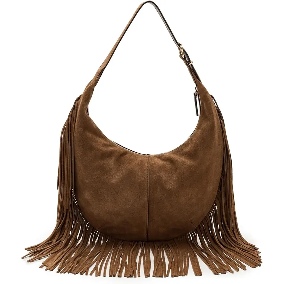 The Essential Curve Medium Shoulder Bag in Fringed Suede