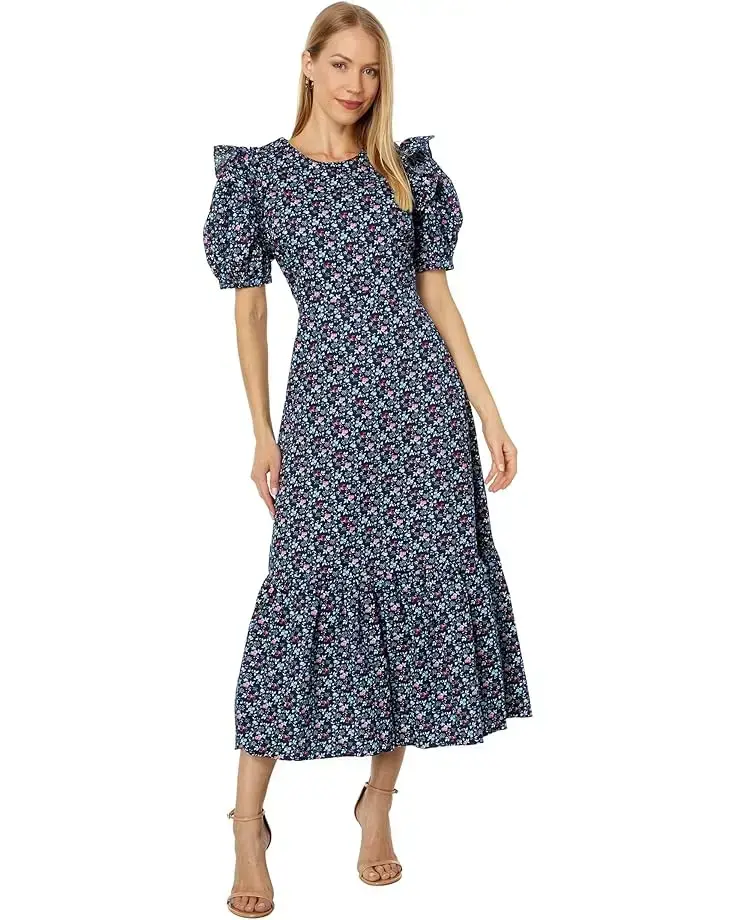 Women's English Factory Floral Printed Cotton Open Back Midi Dress