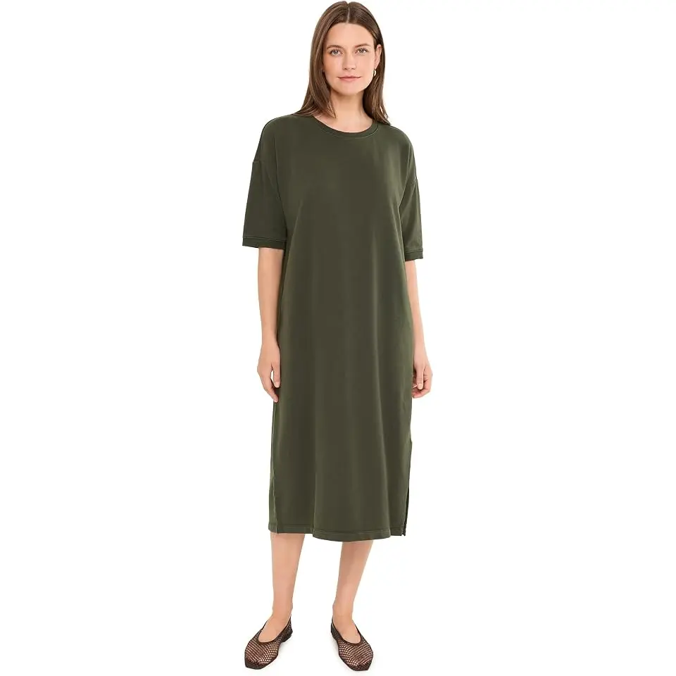 Garment Dyed Terry Crew Neck Calf Length Dress