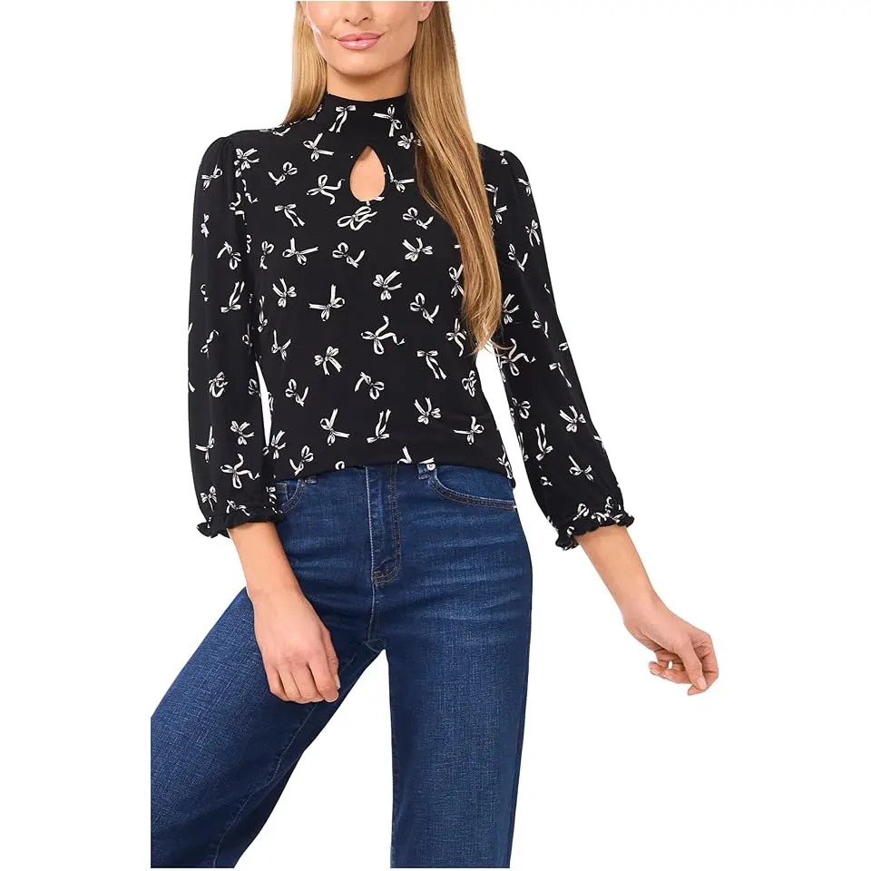 Tossed Bows Mock Neck Knit Top
