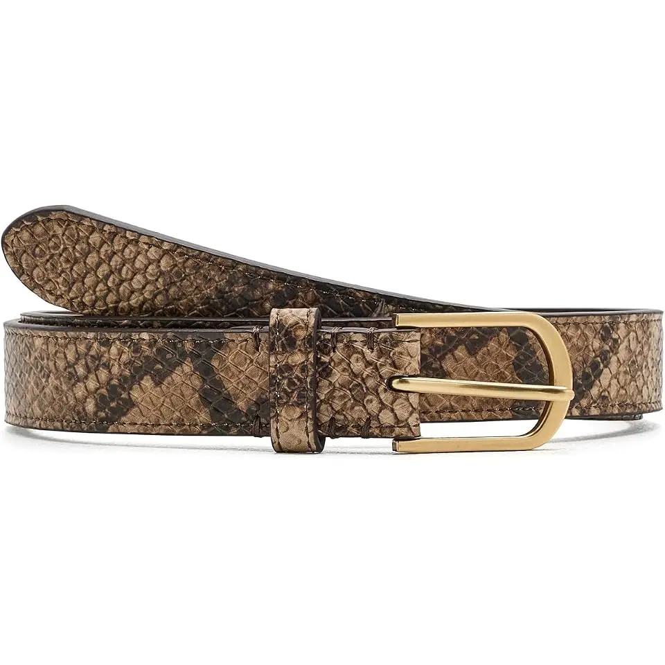 Rounded-Buckle Embossed Skinny Belt