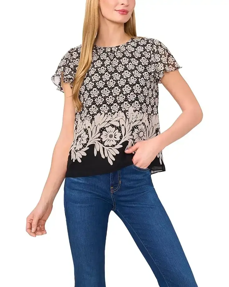 Women's CeCe Short Flutter Sleeve Crew Neck Top