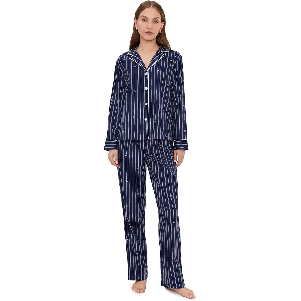 Woven Long Sleeve Notch Collar Long Pant Pajama Set