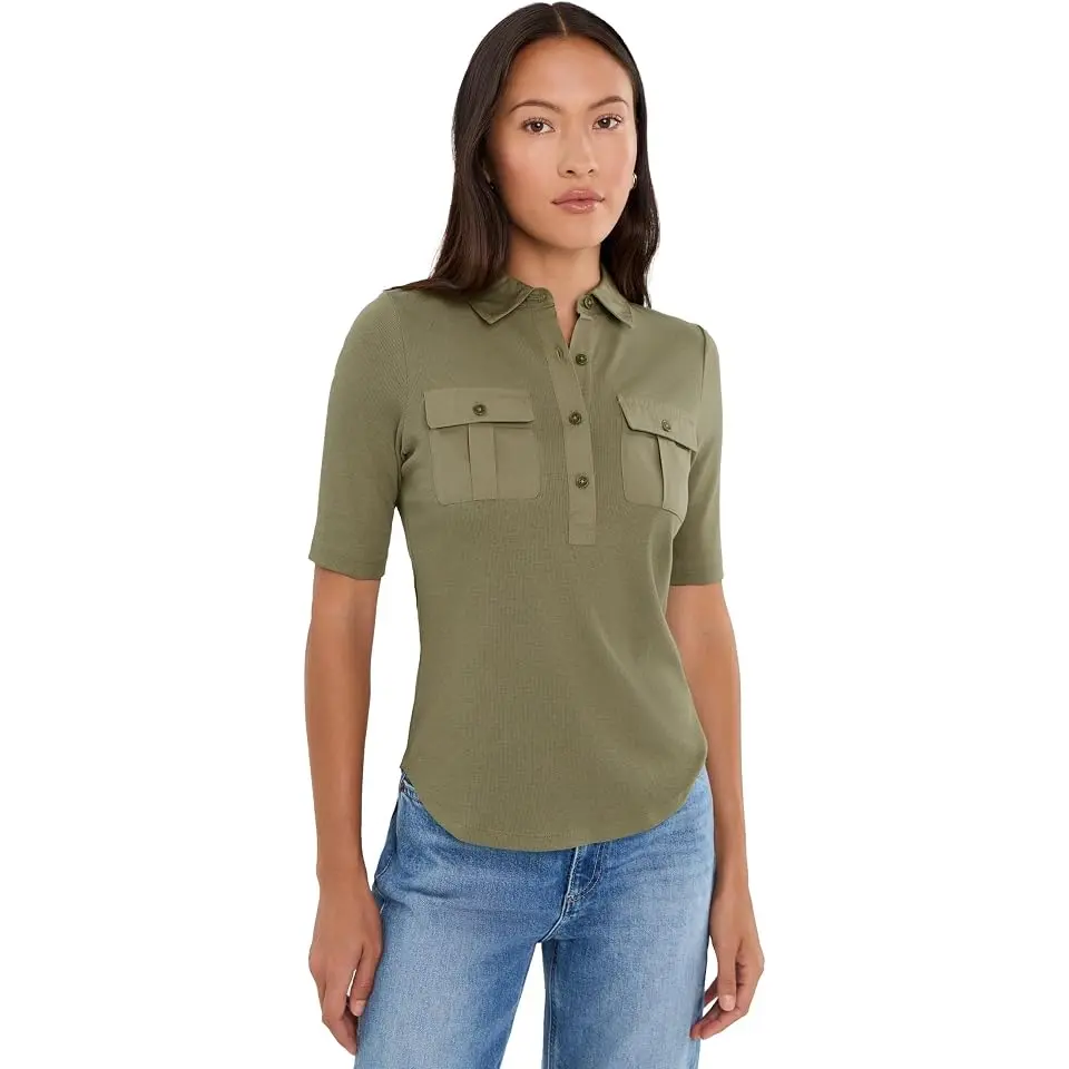 Petite Rib-Knit Elbow-Sleeve Collared Top