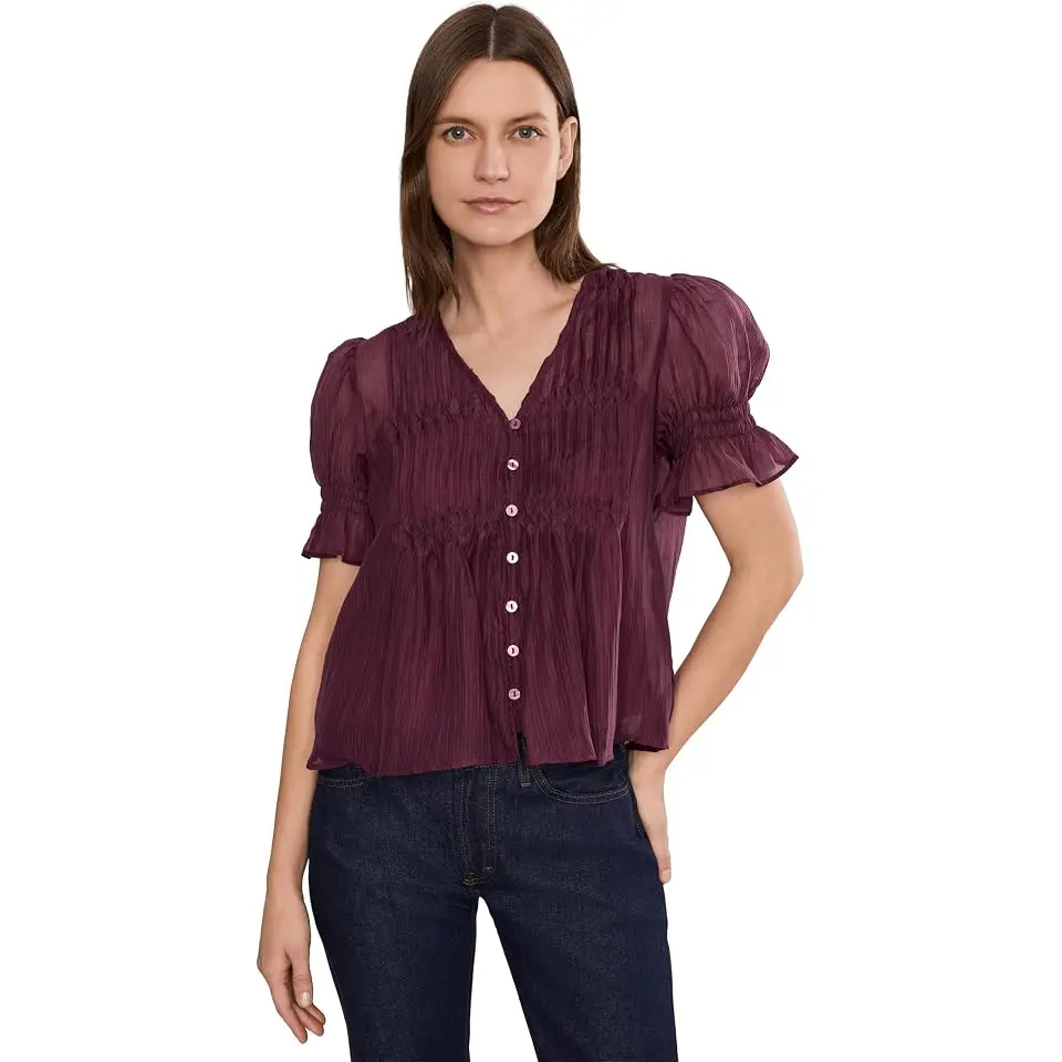 Pintuck Puff Sleeve V-Neck