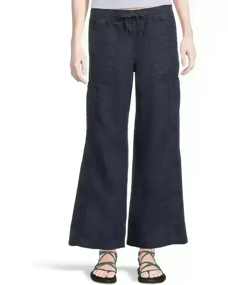 Premium Linen Breezy Mid-Rise Wide Leg Utility Pull-On Pants