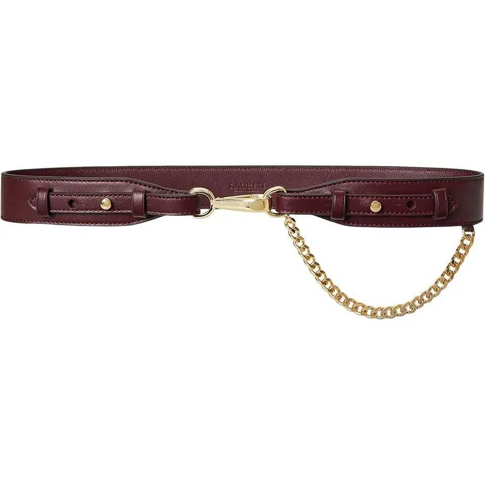 Chain-Trim Leather Dog-Clip Belt