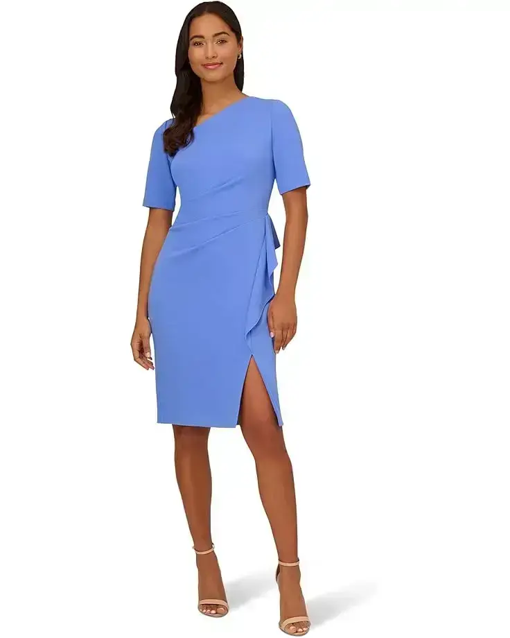 Women's Adrianna Papell Stretch Crepe Side Draped Sheath Dress with Asymmetrical Neckline