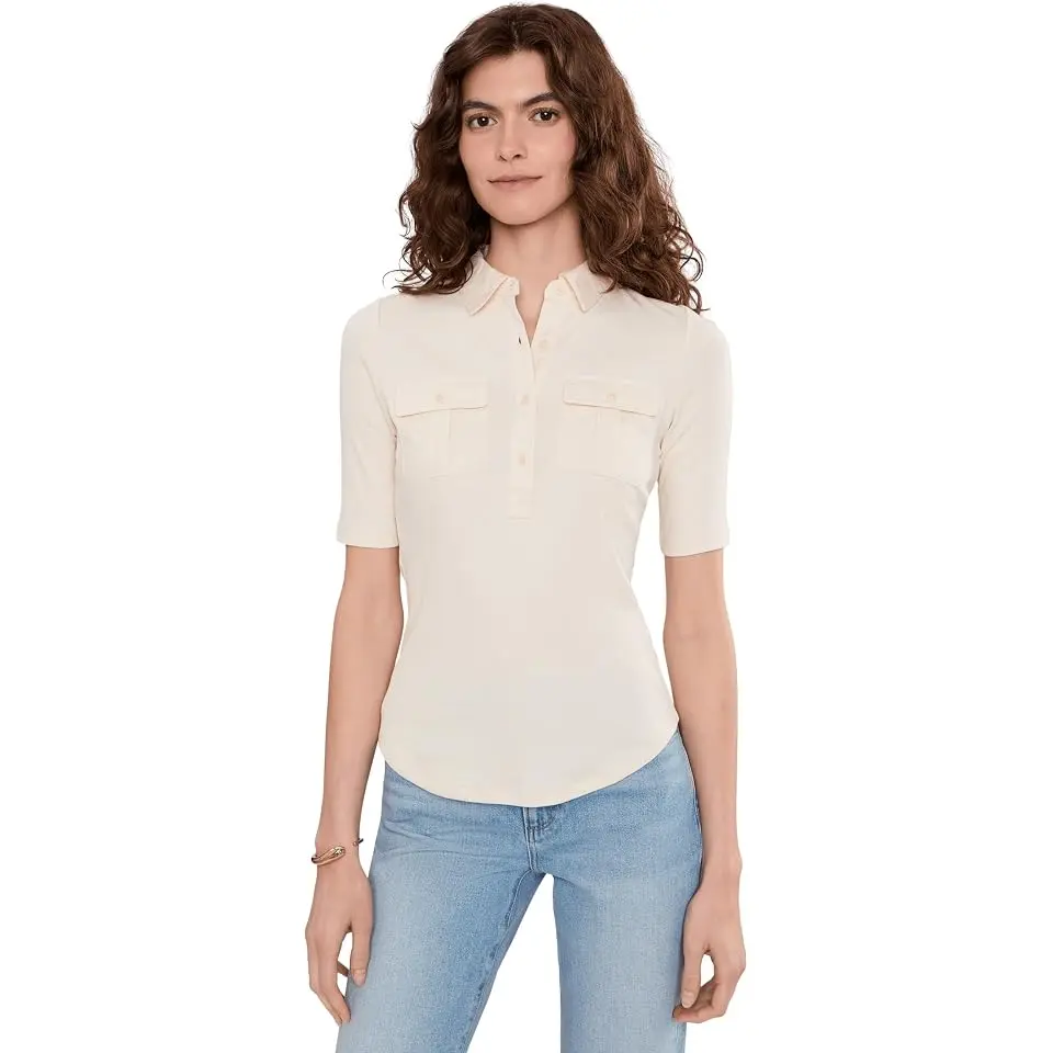 Rib-Knit Elbow-Sleeve Collared Top