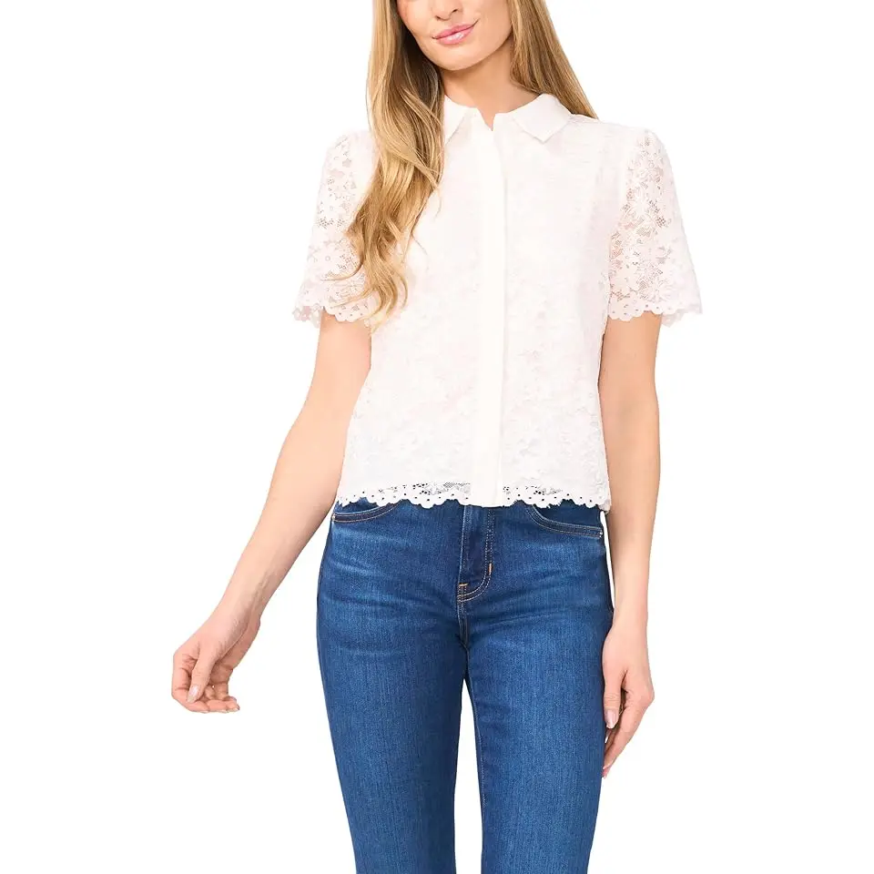 Lace Short Sleeves Hidden Placket Shirt