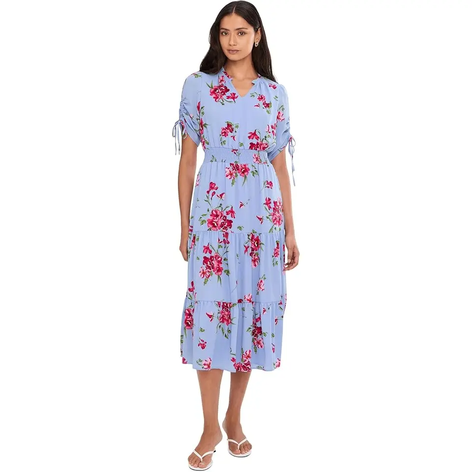 Ruched Short Sleeve Smocked Waist Tiered Maxi Dress