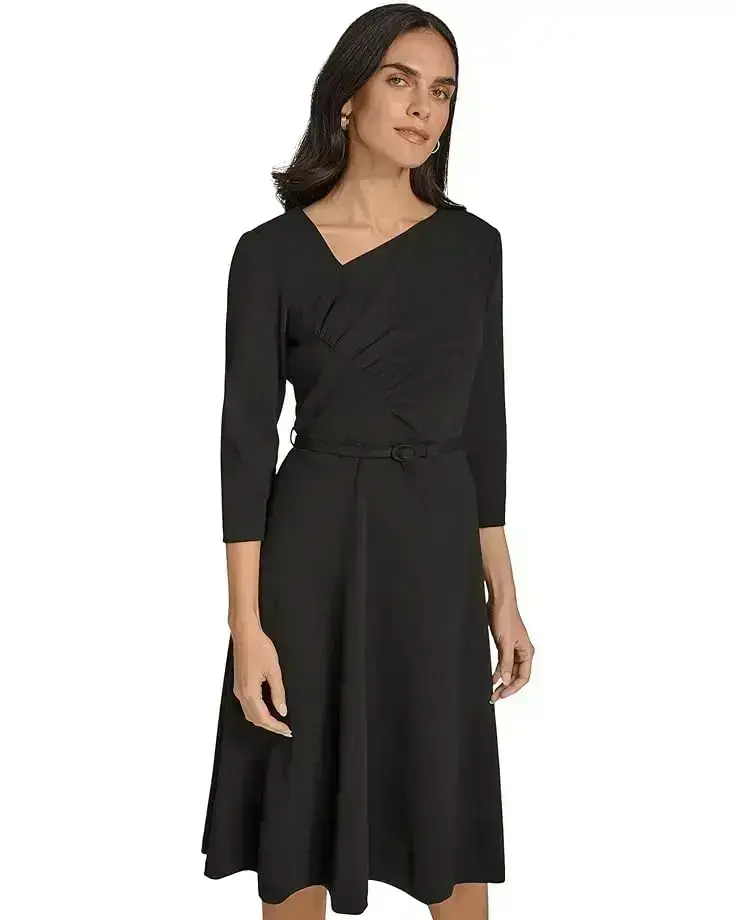 Women's Calvin Klein Scuba Crepe Asym Rouched Neck Midi With Belt