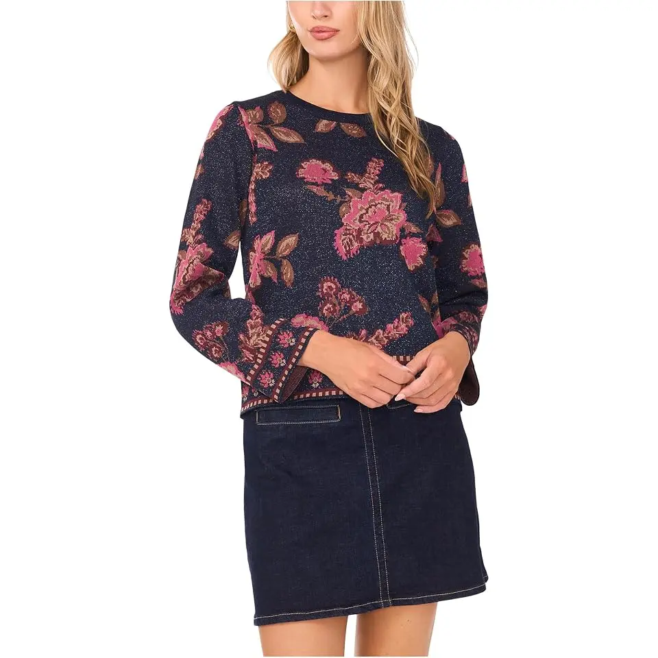Floral Jacquard Long Sleeve Crew