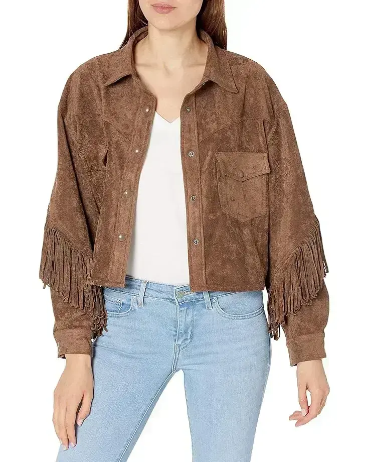 Women's Blank NYC Faux Suede Fringe Shirt Jacket in Hot Cocoa