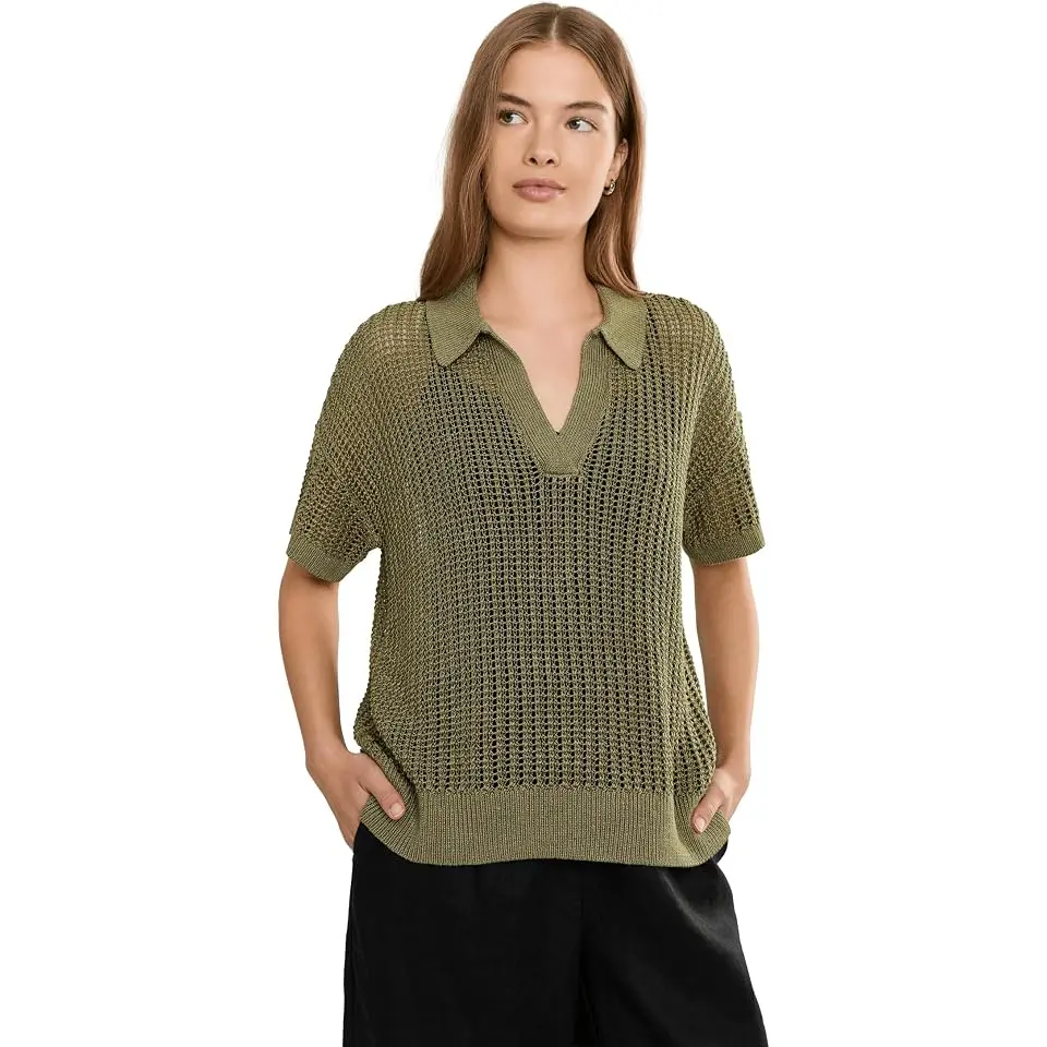 Petite Linen-Blend Mesh Short Sleeve Sweater