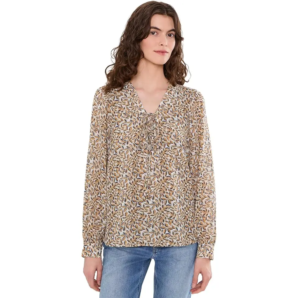 Long Sleeve Lace-Up Front Woven Blouse