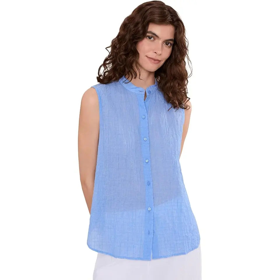 Cotton Microstripe Pucker Mandarin Collar Shirt