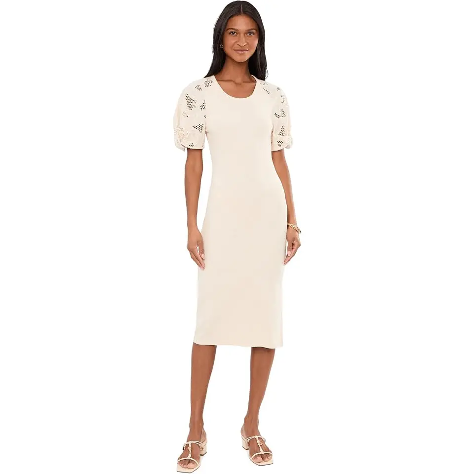 Rib-Knit Cotton Eyelet-Puff-Sleeve Dress
